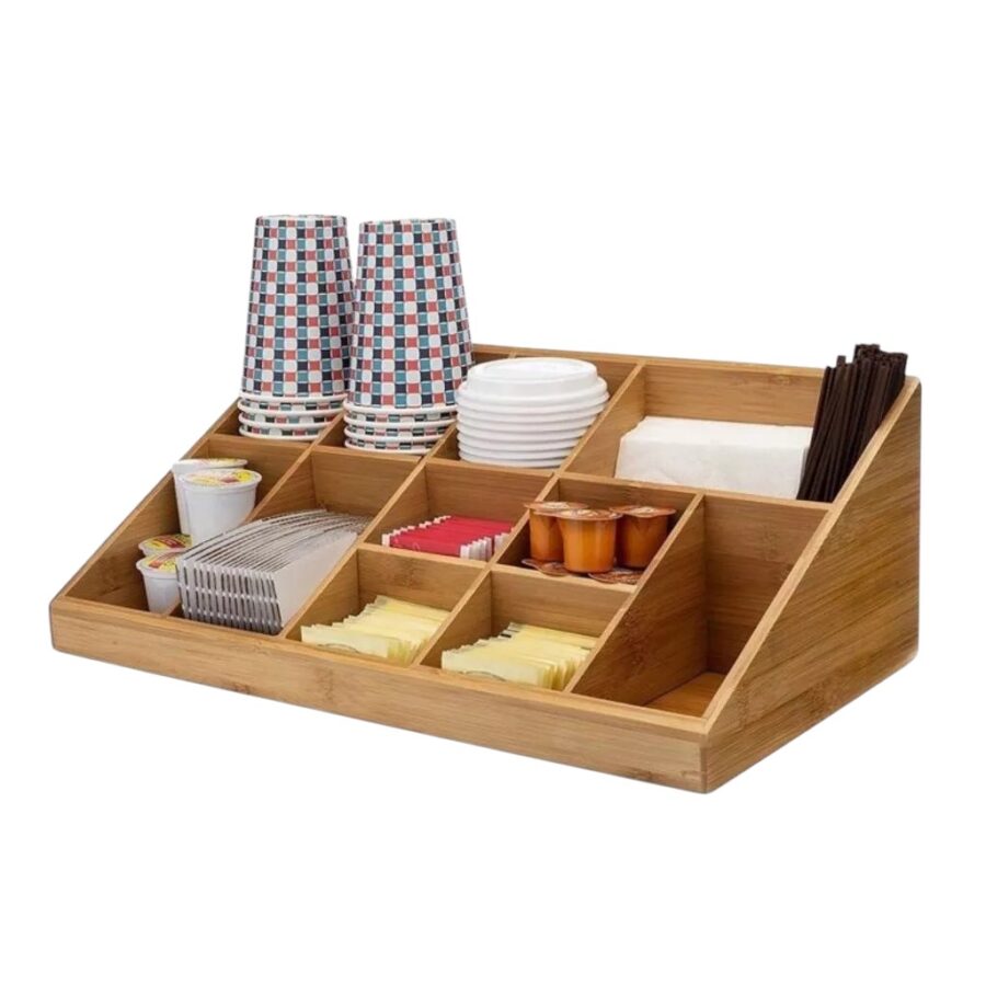 Bamboo Serving Tray with Multiple Compartments for Coffee, Tea Bags, Milk Tea Cups, Plastic Cups